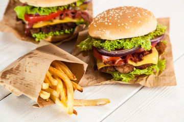 Delicious hamburger and fries