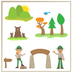 Fototapeta premium Park Rangers - Cartoon set of park rangers, bears and nature icons. Eps10