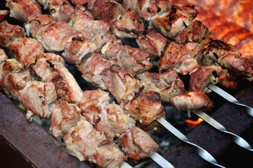 meat skewers on the barbecue coals