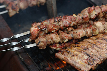 meat skewers on the barbecue coals
