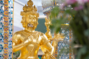 Bomb damage on Thao Maha Phrom, the Brahma statue after terror attack and bomb explosion in Ratchaprasong on August 17, 2015 Bangkok, Thailand Killing 20 people and injuries about more than 80 people.