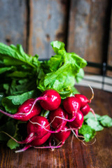 Radishes on wooden background