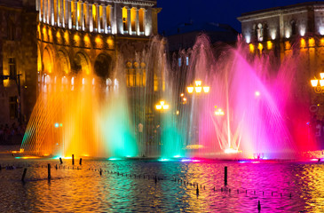 Color-musical fountains in the central Republic Square. The city Yerevan has a population of 1 million people