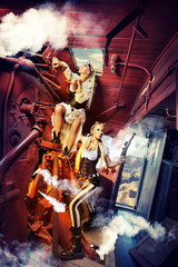 Two sexy woman in the steam-punk clothes in the cabin of a vinta
