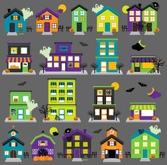 Fototapeta na wymiar Vector Halloween Town with Haunted Houses, Shops, School, Church and Buildings