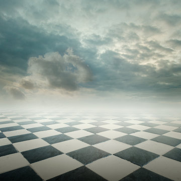 chequered floor landscape with cloudy sky
