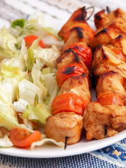 Pork skewers with salad