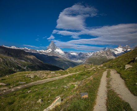 Swiss beauty, path above valley and Matterhorn mount