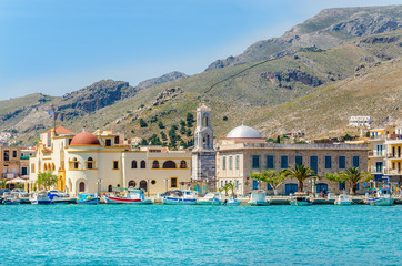 Colorful boats in Pohtia on Kalymnos island Greece