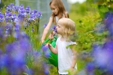 Two adorable girls watering plants and flowers