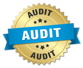 audit 3d gold badge with blue ribbon