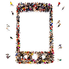 People who use wireless communication. Large group of people in the shape of a cell phone icon symbol with room for text or copy space, cell phone advertisement concept isolated on a white background.
