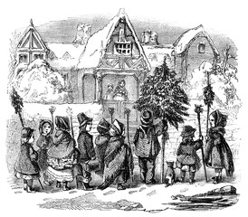An engraved illustration drawing of children singing Christmas Day morning carols  from a vintage...