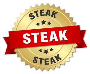 steak 3d gold badge with red ribbon
