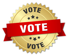 vote 3d gold badge with red ribbon
