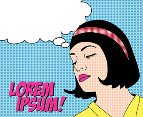 Pop Art / comic style. Vector illustration of thinking woman with the speech bubble. Poster/ card with place for text.