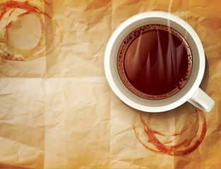 vector background with a cup of coffee and coffee stains on old