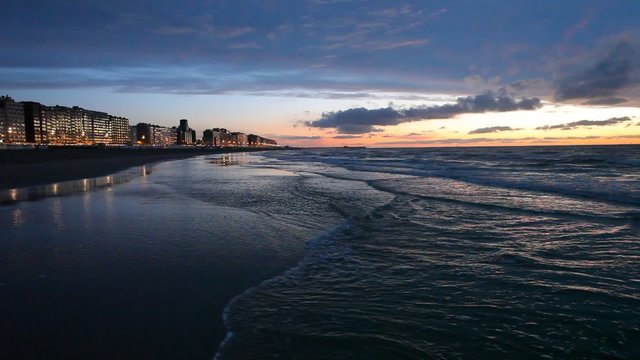 Sunset at the North Sea beach in Blankenberge, Belgium