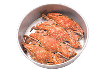 Streamed crabs in tray isolated on white background