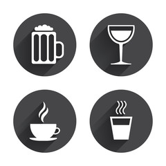 Drinks signs. Coffee cup, glass of beer icons.