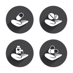 Helping hands icons. Medical health insurance.
