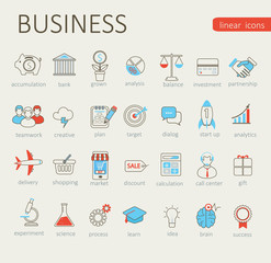 Set of 28 flat lianer icons, for web, internet, mobile apps, interface design: business, finance, e-commerce, science, start up.