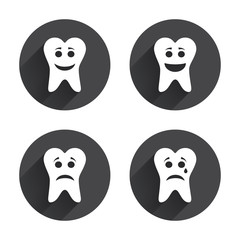 Tooth smile face icons. Happy, sad, cry.