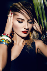 Beauty sexy woman makeup jungle palm sun tan shadows beach