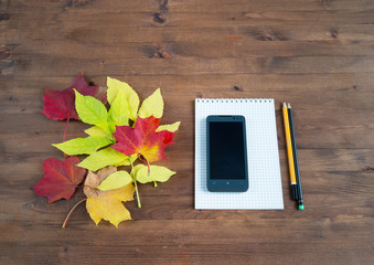Smartphone, yellow leaves notebook and pencil 