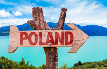 Poland wooden sign with lake background