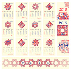Fototapeta premium 2016 Calendar with ethnic round ornament pattern in white red blue colors