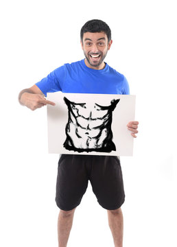 Sport Man Holding Billboard With Six Pack Abdomen Advertising Gym Fitness Club