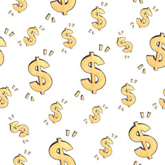 Dollar sign. Money symbol. Seamless pattern. Watercolor drawing. Handwork.