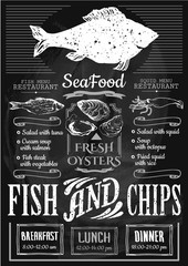 Seafood restaurant. Fish and chips poster.