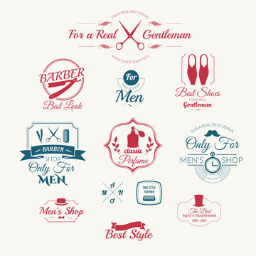Set of vintage barber shop logo, badges and design element. Gentleman set.  Set of labels for men clothing and accessories. Icons for your design. Logo  set Stock Vector | Adobe Stock