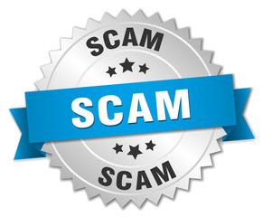 scam 3d silver badge with blue ribbon