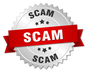 scam 3d silver badge with red ribbon