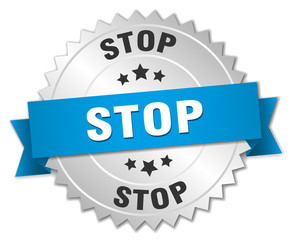 stop 3d silver badge with blue ribbon