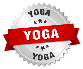 yoga 3d silver badge with red ribbon