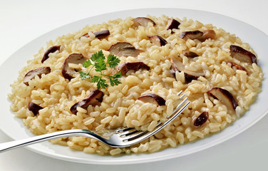 Dish of Mushroom Risotto with Fork