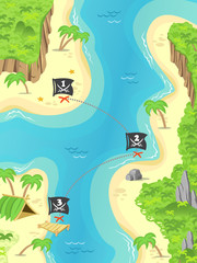 Cartoon pirate island and treasure marks a Jolly Rodger flag.