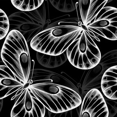 beautiful monochrome black and white seamless background with flying butterflies