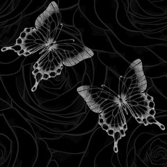 beautiful monochrome black and white seamless background with butterflies and flowers roses