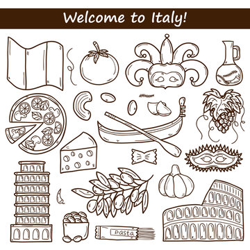 Set of cartoon objects in hand drawn outline style on Italy