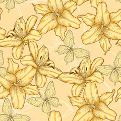  seamless background with yellow lilies and butterflies.
