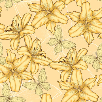  seamless background with yellow lilies and butterflies.