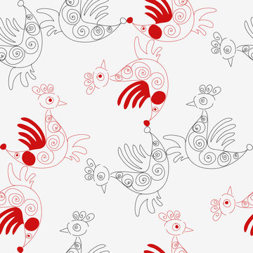 Red and black graphic of birds on a white background.Seamleess.