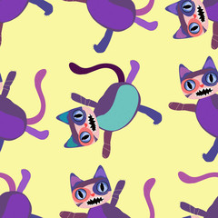 Seamless pattern with cartoon cats on yellow background