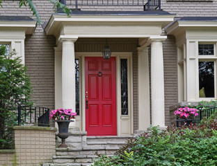 red front door with portico, porch