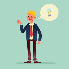 Smiling businessman show thumb up with light bulb creative idea